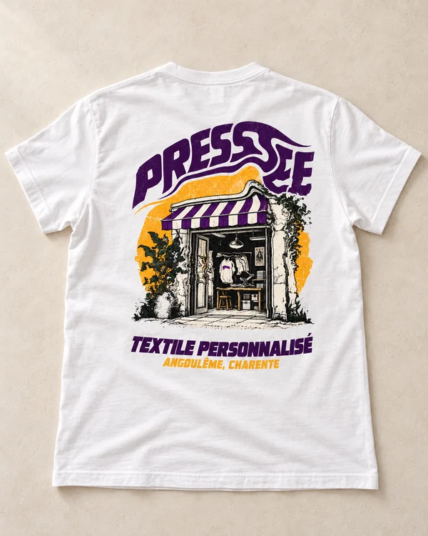 Vue de présentation du dos du t-shirt Presstee, illustration de boutique violette et jaune.