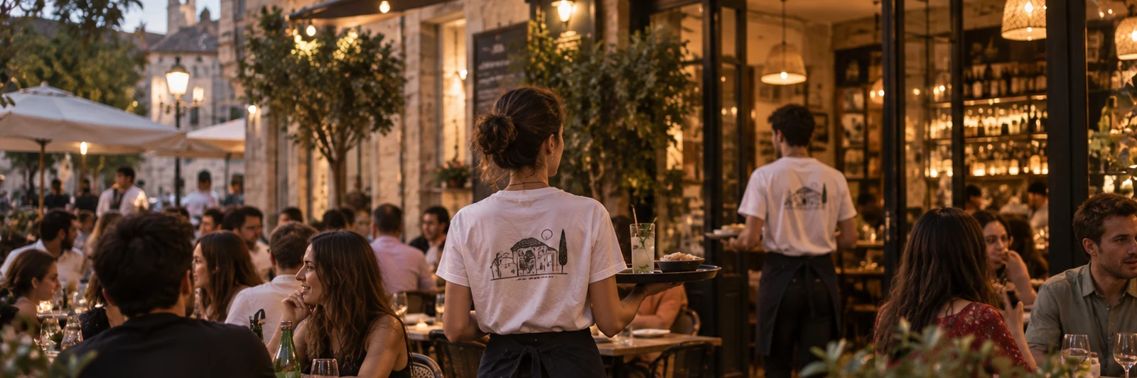 Serveur en tenue de salle accueillant un client en terrasse.