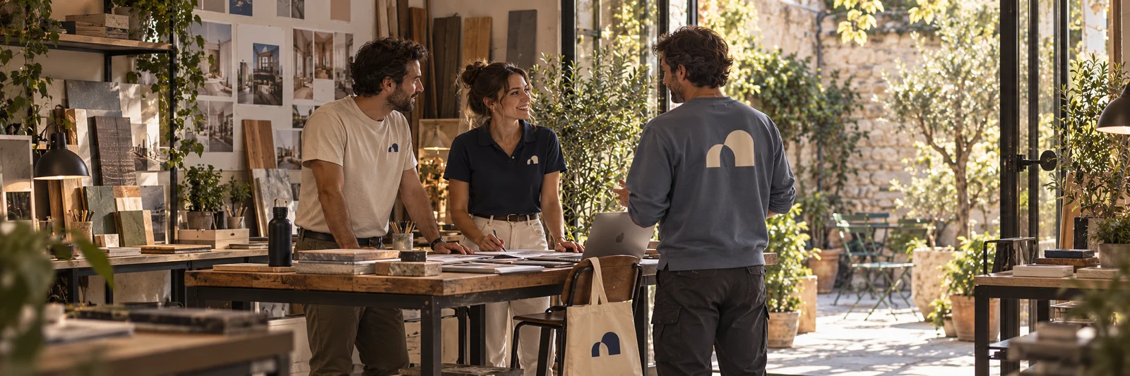 Équipe en polo, t-shirt et sweat personnalisés, réunie dans un atelier lumineux.