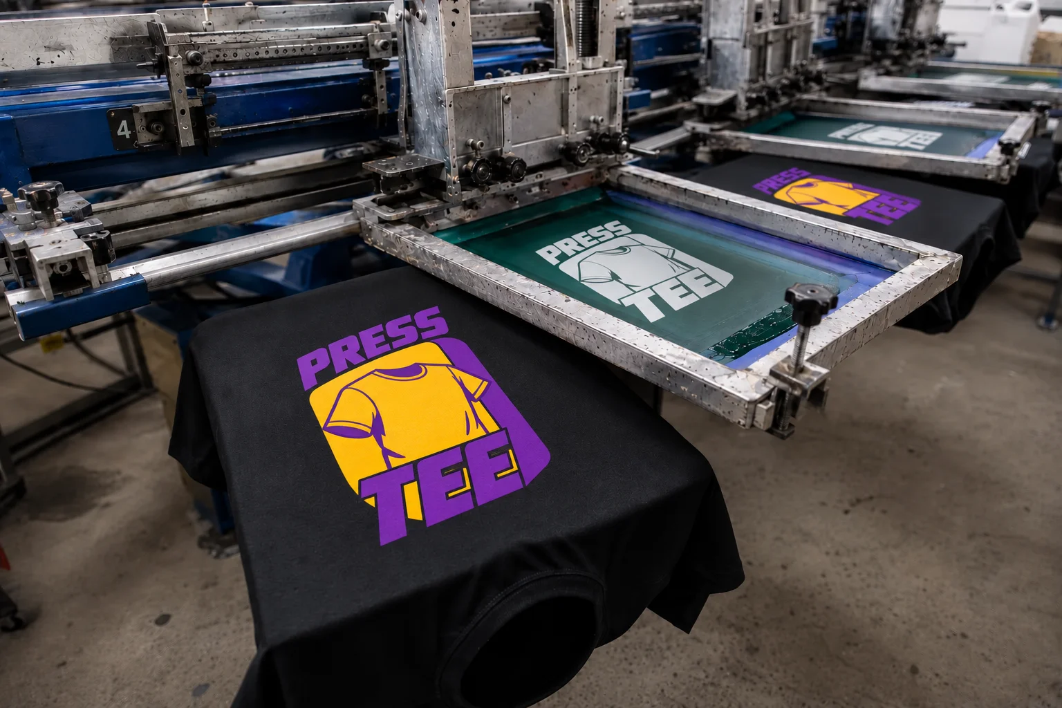 Atelier de sérigraphie textile Presstee : écrans et t-shirts en cours d'impression