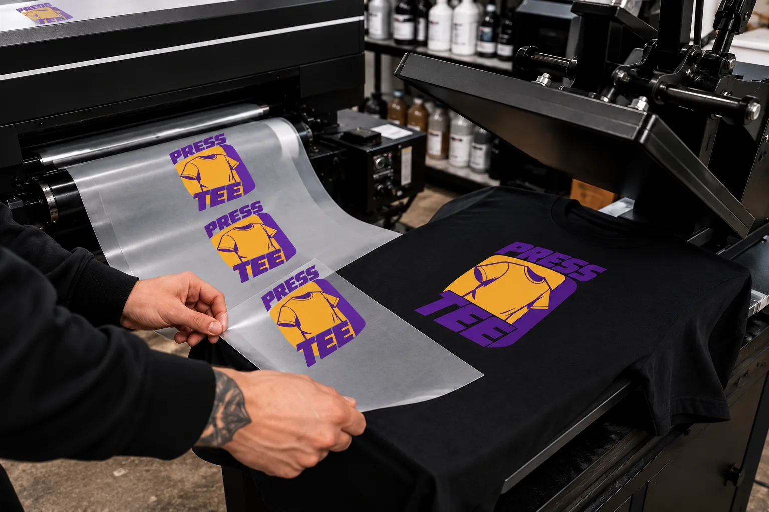 Impression DTF du logo Presstee en quadrichromie, prête à être posée à chaud sur un t-shirt