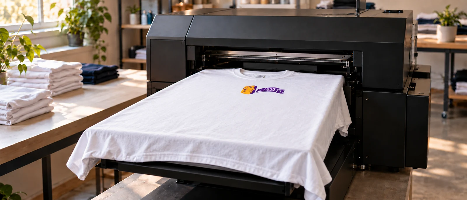 Illustration d’une imprimante DTG avec le logo horizontal Presstee imprimé directement sur un t-shirt en coton
