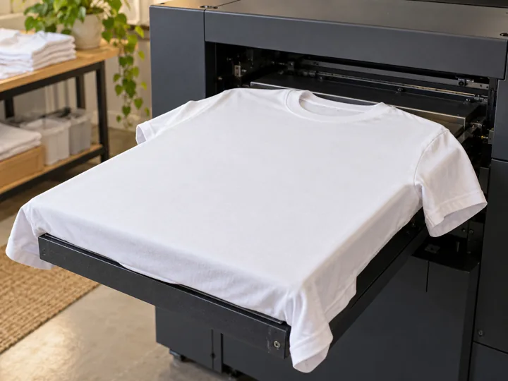 T-shirt en coton tendu à plat sur le plateau avant impression DTG