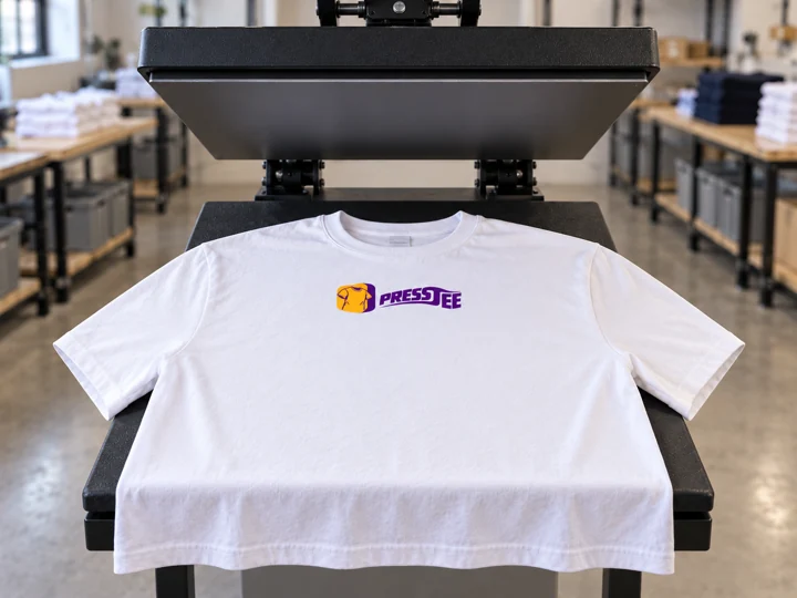 T-shirt imprimé en DTG sur le plateau d’une presse à chaud